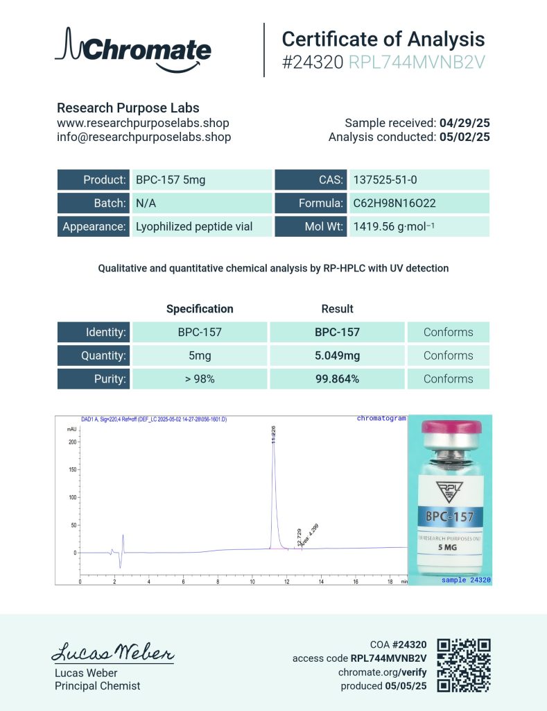 BPC-157 5mg Certificate of Analysis | Research Purpose Labs