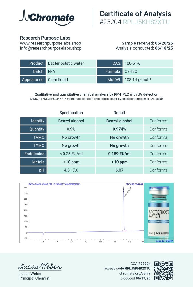BACTERIOSTATIC WATER 10ML COA. | Research Purpose Labs BACTERIOSTATIC WATER 10ML COA | Research Purpose Labs