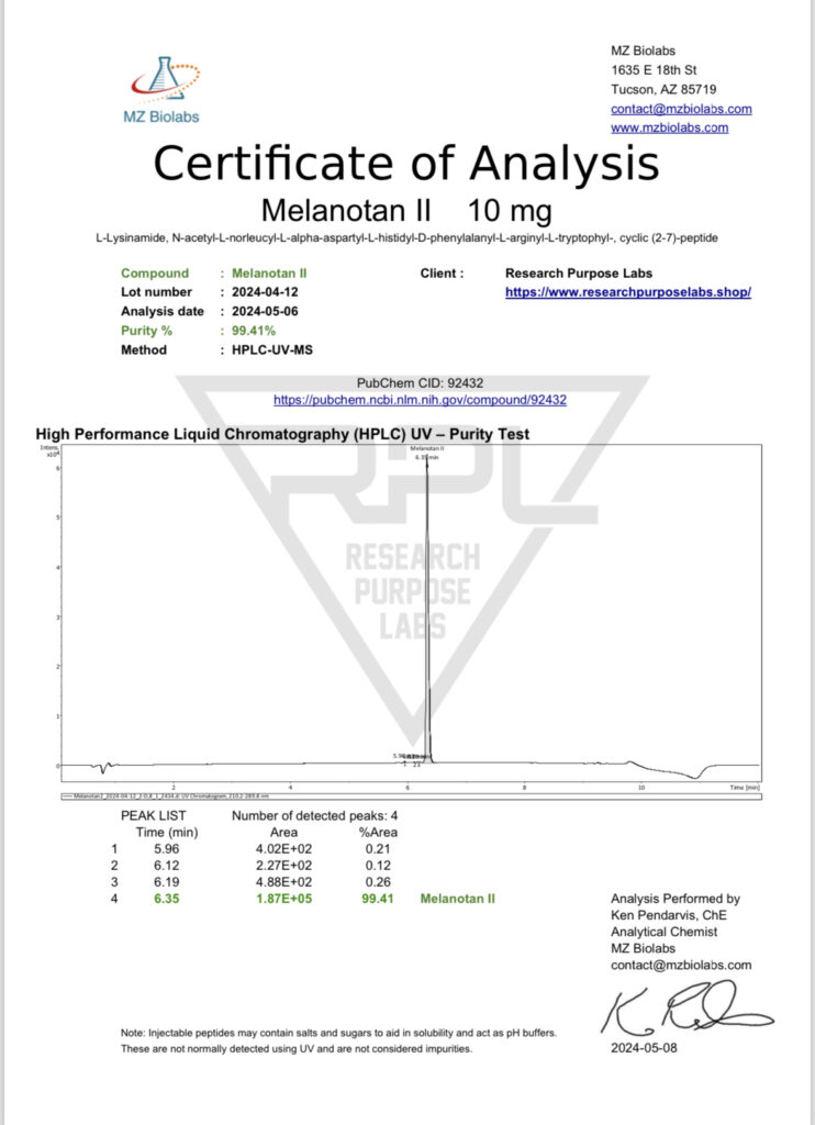 MT-II 10mg Certificate of Analysis | Research Purpose Labs