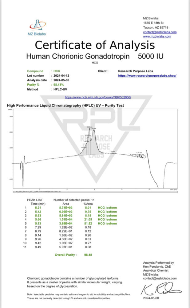 HCG 5000iu HPLC UV purity 98 48% | Research Purpose Labs