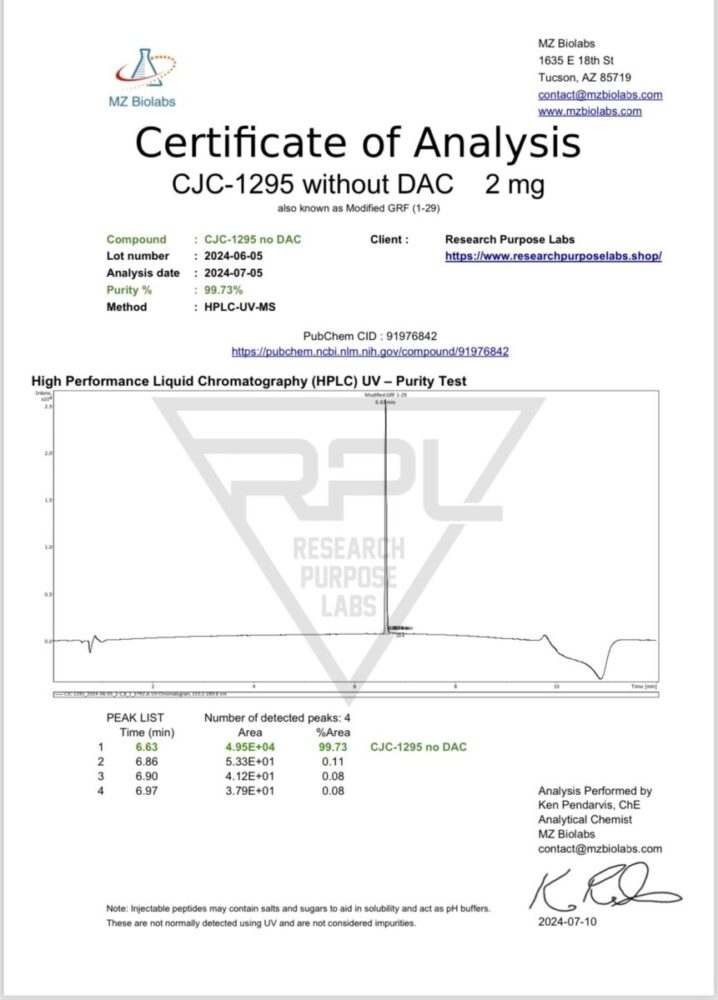 CJC-1295 NO DAC 2MG RESEARCH PEPTIDE COA. | Research Purpose Labs CJC-1295 NO DAC 2MG RESEARCH PEPTIDE COA | Research Purpose Labs