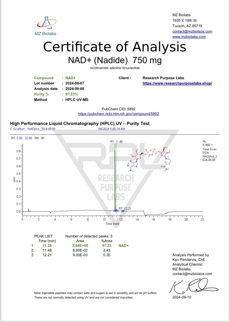 NAD+ 750mg Certificate of Analysis | Research Purpose Labs