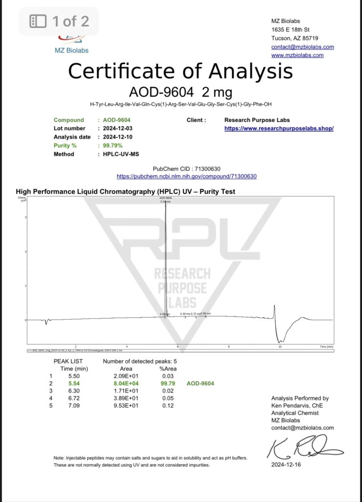 AOD9604 2mg Certificate of Analysis | Research Purpose Labs