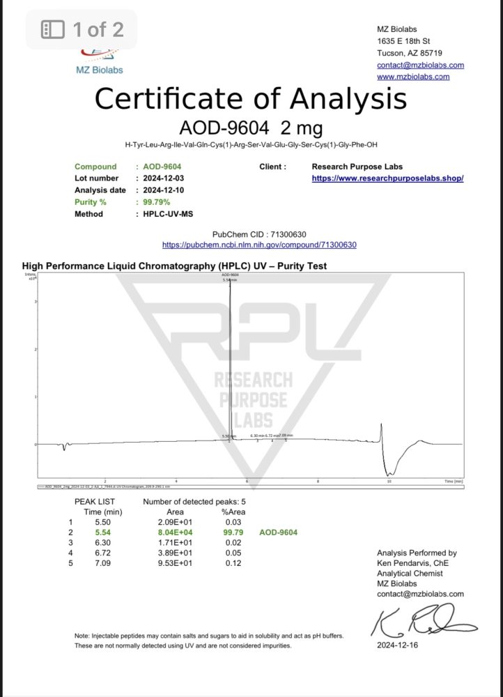 AOD9604 2MG RESEARCH PEPTIDE COA. | Research Purpose Labs AOD9604 2MG RESEARCH PEPTIDE COA | Research Purpose Labs