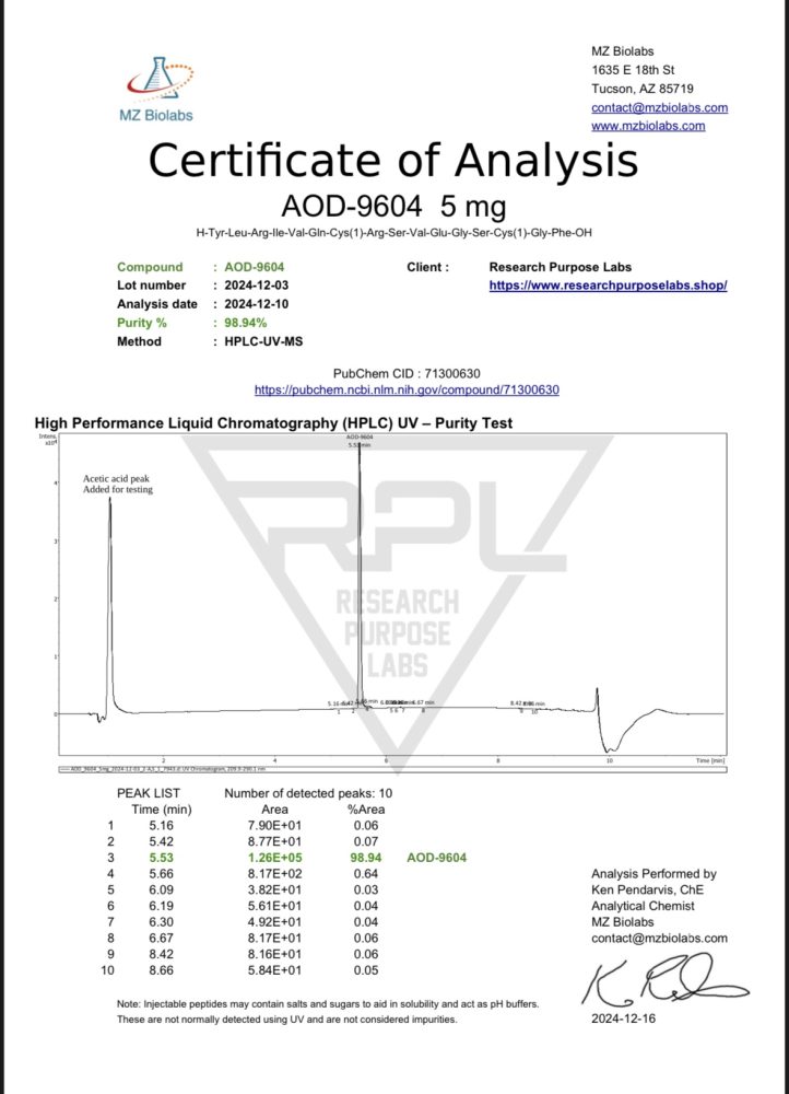 AOD9604 5MG RESEARCH PEPTIDE COA. | Research Purpose Labs AOD9604 5MG RESEARCH PEPTIDE COA | Research Purpose Labs