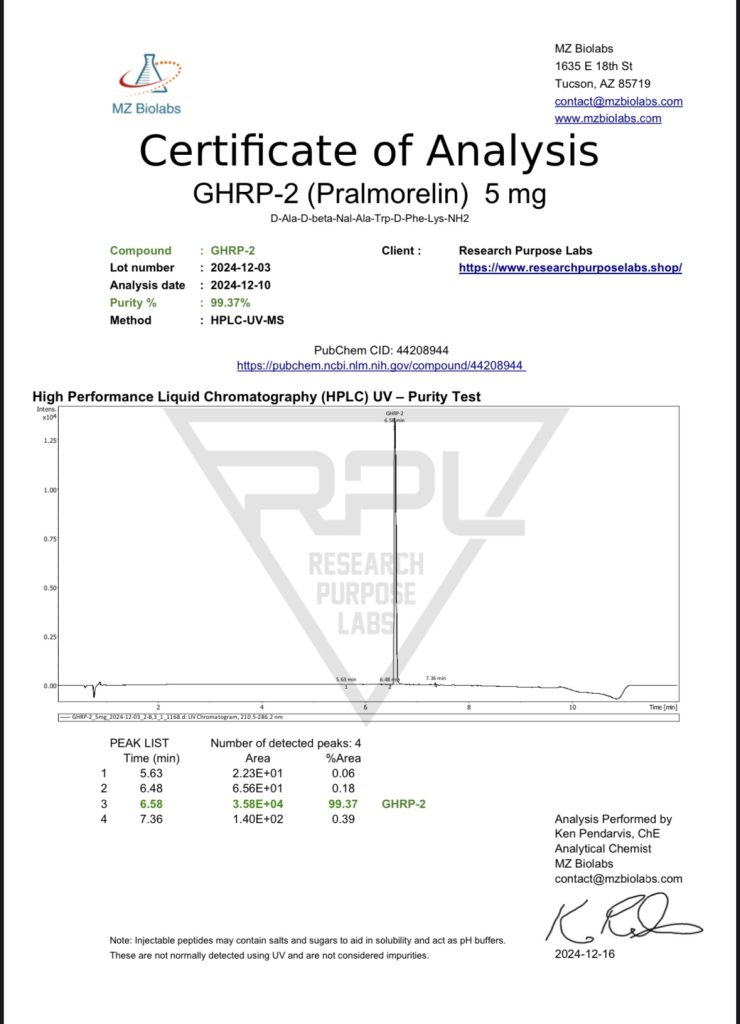 GHRP-2 5mg Certificate of Analysis | Research Purpose Labs