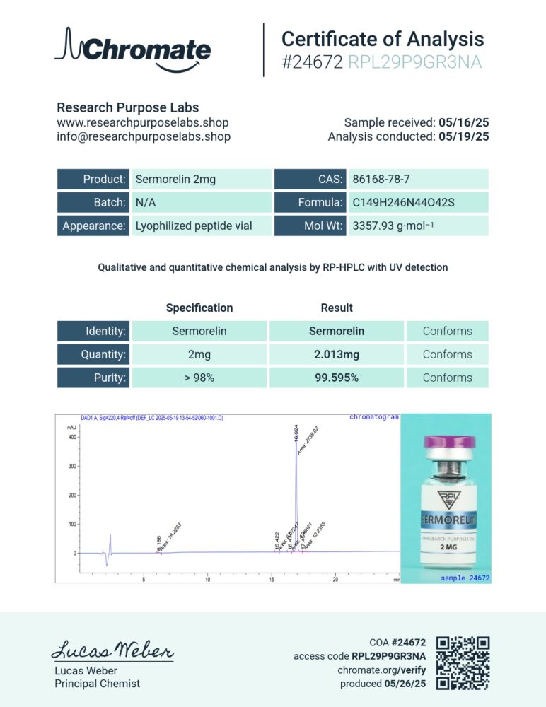 SERM GHRH 2 MG RESEARCH PEPTIDE COA. | Research Purpose Labs SERM GHRH 2 MG RESEARCH PEPTIDE COA | Research Purpose Labs
