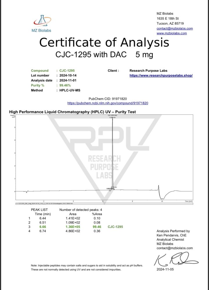 CJC-1295 DAC 5MG RESEARCH PEPTIDE COA. | Research Purpose Labs CJC-1295 DAC 5MG RESEARCH PEPTIDE COA | Research Purpose Labs