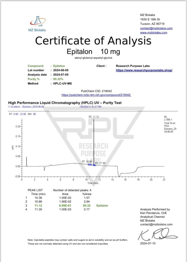 EPITHALON 10MG RESEARCH PEPTIDE COA. | Research Purpose Labs EPITHALON 10MG RESEARCH PEPTIDE COA | Research Purpose Labs