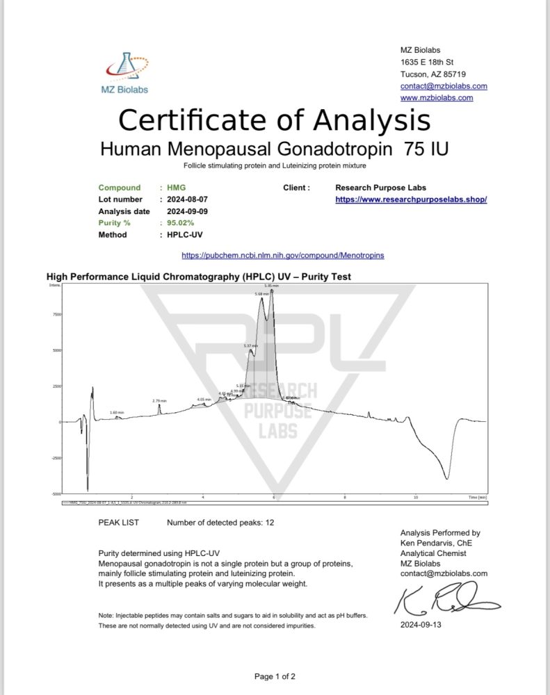 HMG 75iu RESEARCH PEPTIDE COA. | Research Purpose Labs HMG 75iu RESEARCH PEPTIDE COA | Research Purpose Labs