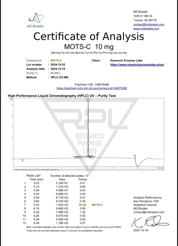 MOTS-C 10mg Certificate of Analysis | Research Purpose Labs