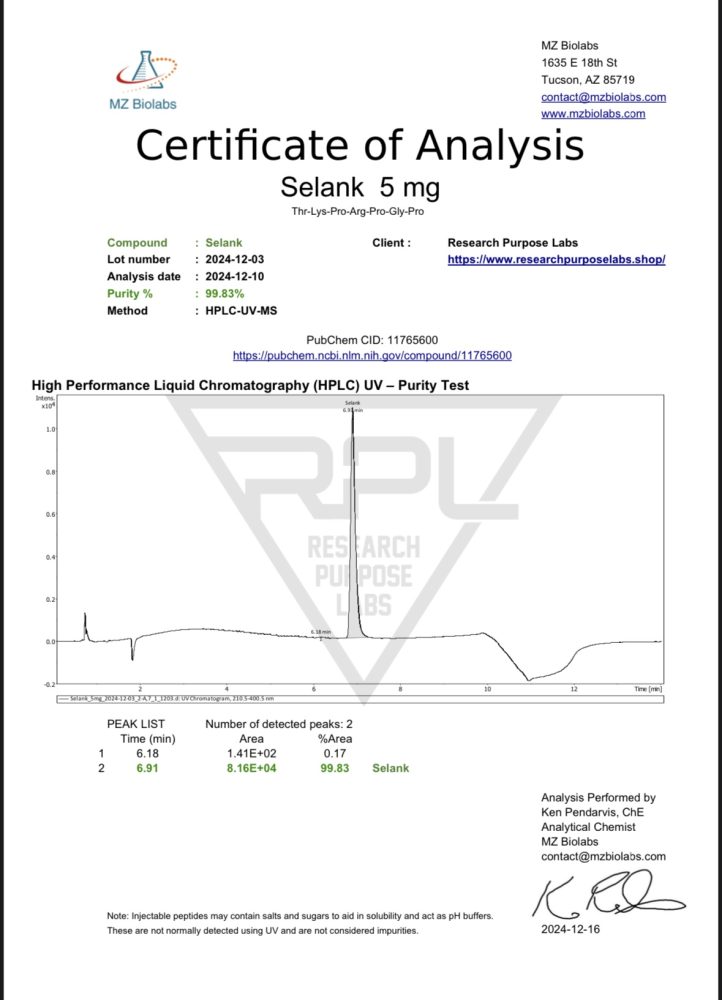 SELANK 5MG RESEARCH PEPTIDE COA. | Research Purpose Labs SELANK 5MG RESEARCH PEPTIDE COA | Research Purpose Labs