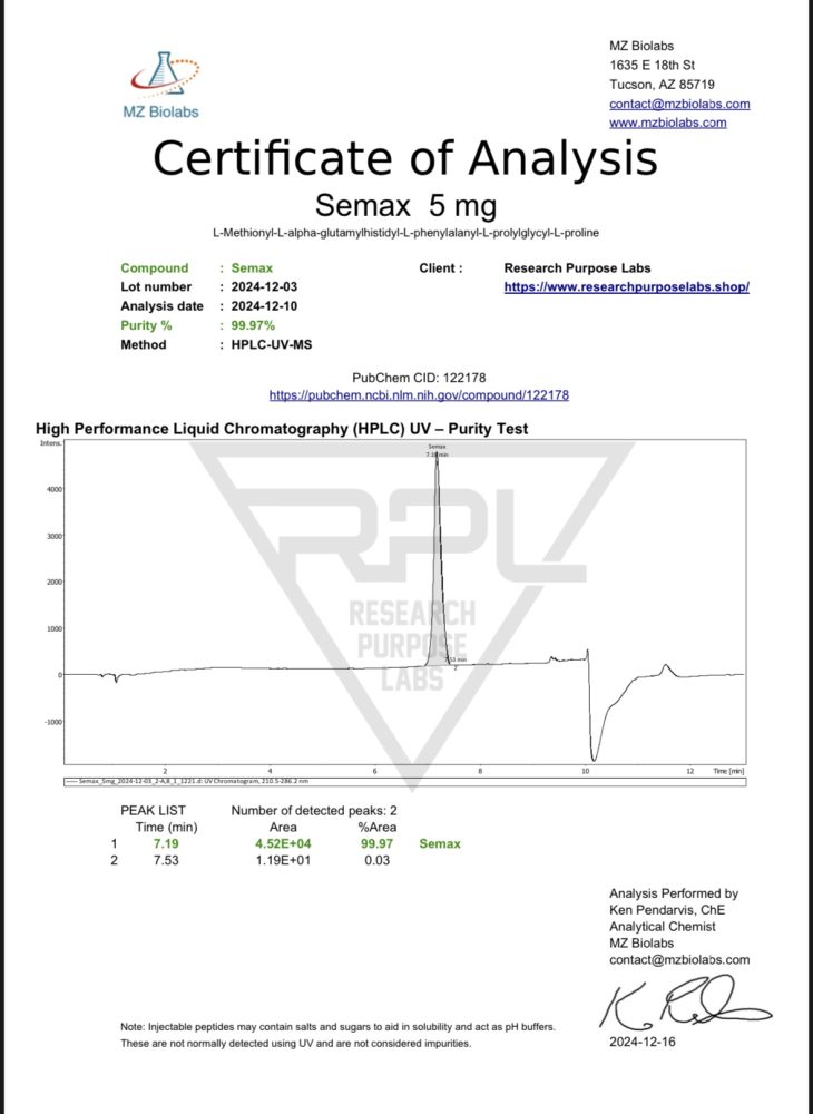 SEMAX 5MG RESEARCH PEPTIDE COA. | Research Purpose Labs SEMAX 5MG RESEARCH PEPTIDE COA | Research Purpose Labs