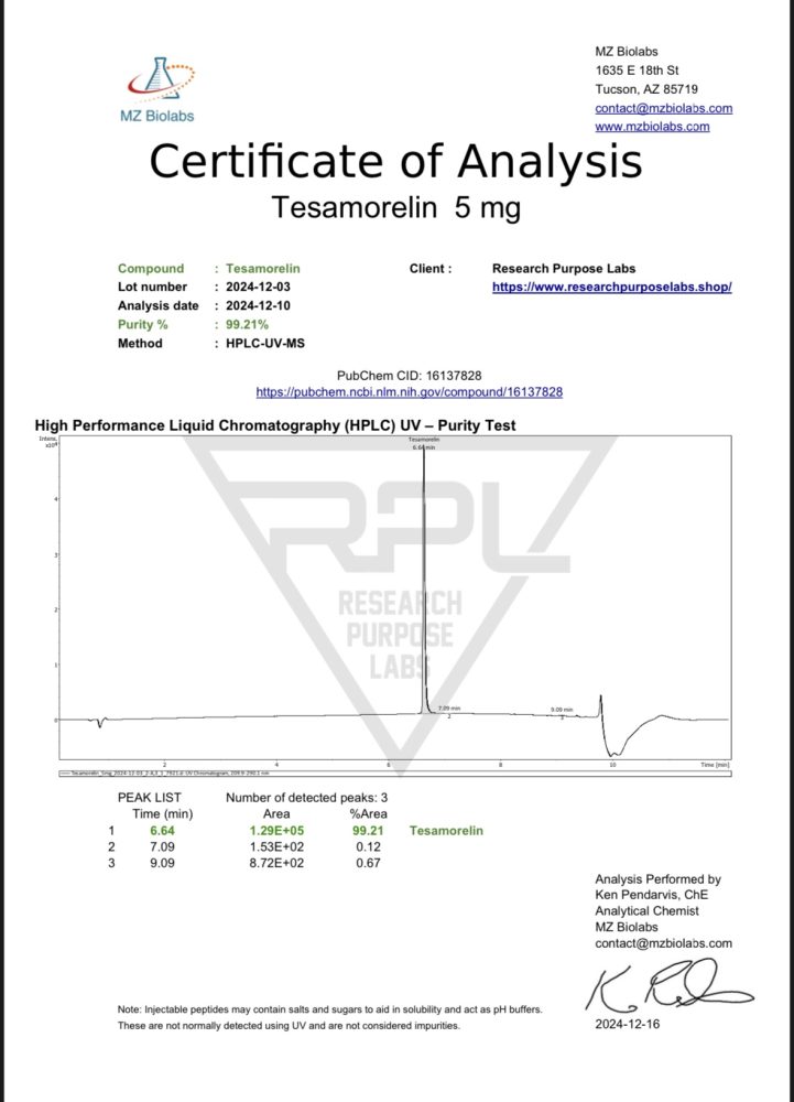 TESAMORELIN 5 MG RESEARCH PEPTIDE COA. | Research Purpose Labs TESAMORELIN 5 MG RESEARCH PEPTIDE COA | Research Purpose Labs