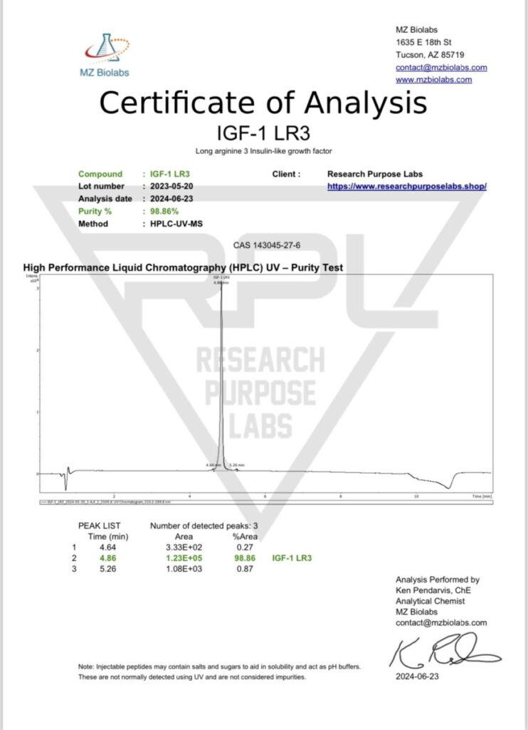 IGF-1 LR3 1mg Certificate of Analysis | Research Purpose Labs