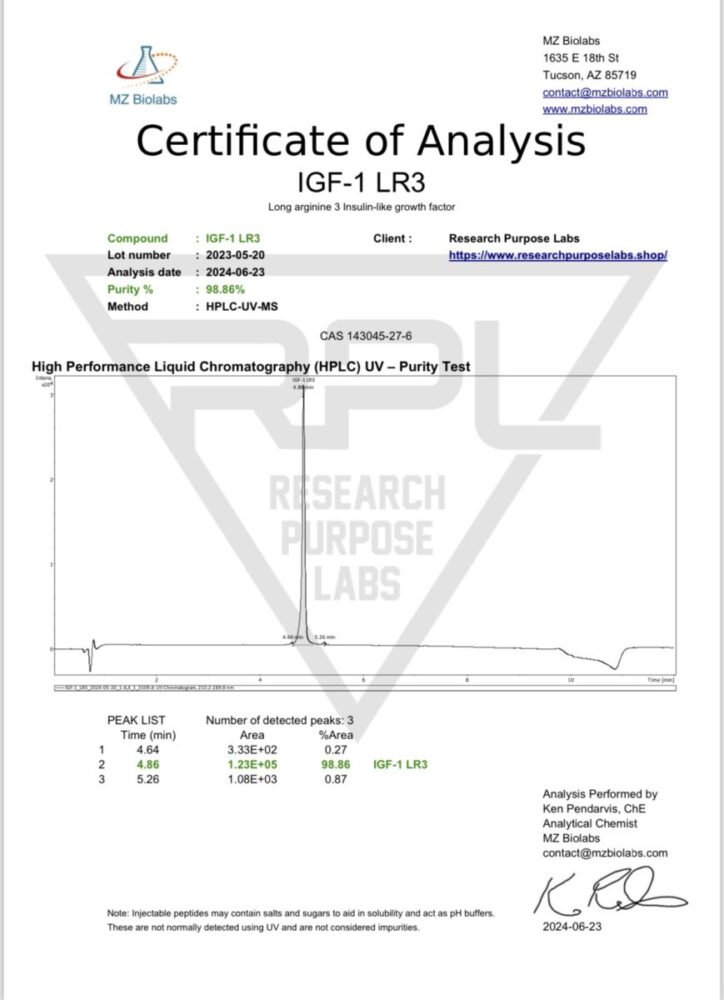 IGF 1 LR3 1MG HPLC purity 98 41% | Research Purpose Labs