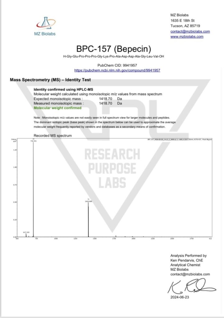 BPC-157 RESEARCH PEPTIDE 500MCG (30 OR 60 CAP) Certificate of Analysis (2 of 2) | Research Purpose Labs
