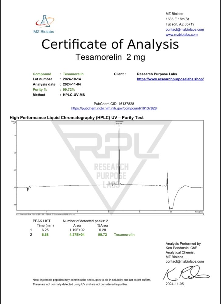 TESA GHRH 2 MG RESEARCH PEPTIDE COA. | Research Purpose Labs TESA GHRH 2 MG RESEARCH PEPTIDE COA | Research Purpose Labs