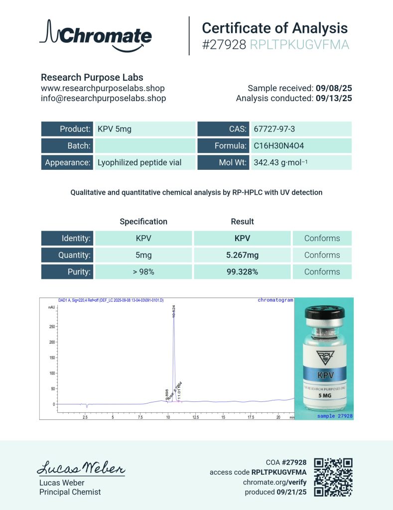 KPV 5mg Certificate of Analysis | Research Purpose Labs