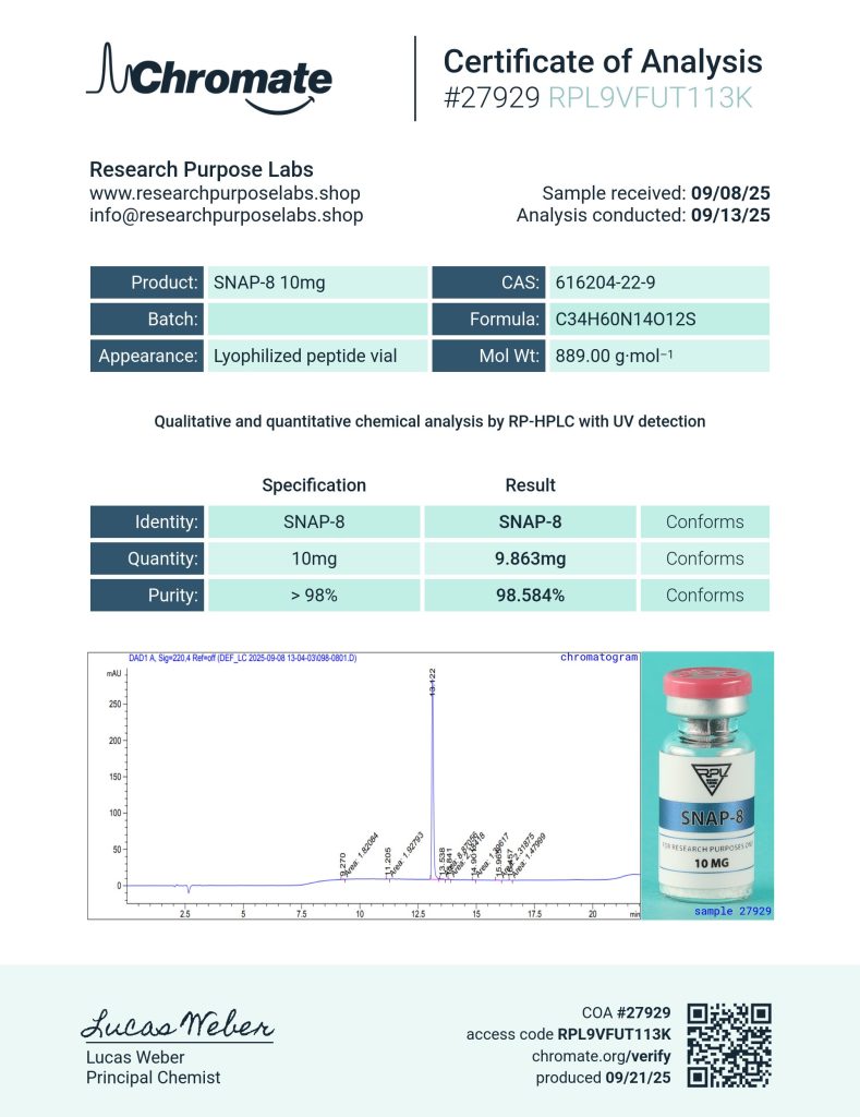 SNAP 8 10mg Certificate of Analysis | Research Purpose Labs