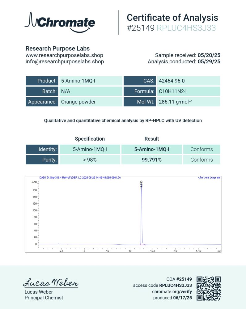 5-AMINO-1MQ RESEARCH PEPTIDE (60 CAP) COA. | Research Purpose Labs 5-AMINO-1MQ RESEARCH PEPTIDE (60 CAP) COA | Research Purpose Labs