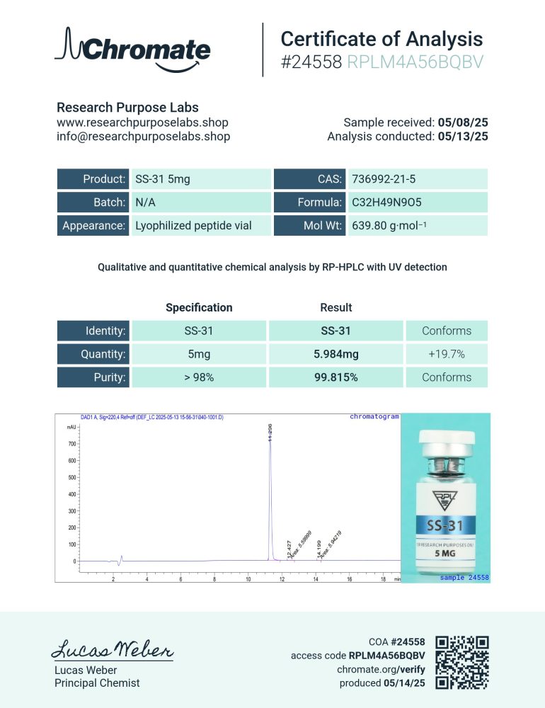 SS-31 5MG RESEARCH PEPTIDE COA. | Research Purpose Labs SS-31 5MG RESEARCH PEPTIDE COA | Research Purpose Labs