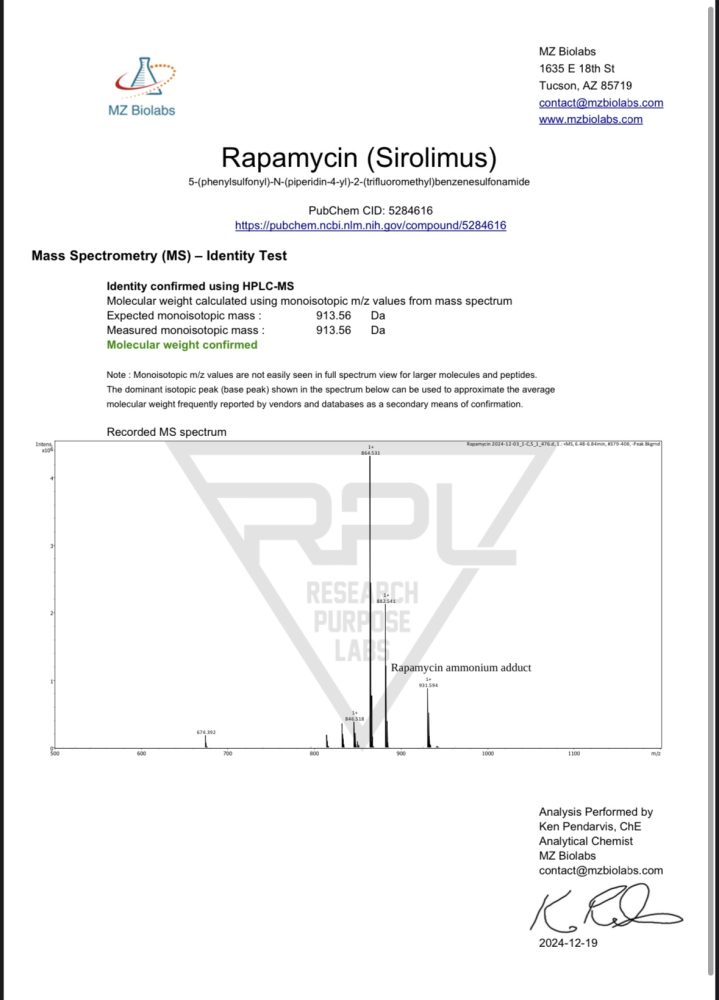 RAPAMYCIN Research Compound Certificate. | Research Purpose Labs