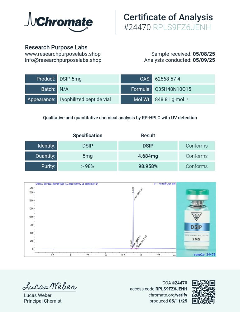 DSIP 5MG RESEARCH PEPTIDE COA. | Research Purpose Labs DSIP 5MG RESEARCH PEPTIDE COA | Research Purpose Labs