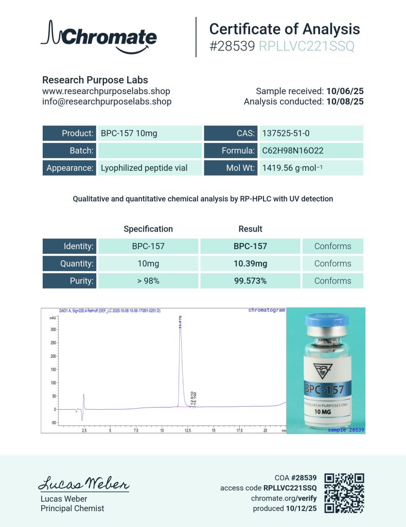 BPC-157 10mg Certificate of Analysis | Research Purpose Labs